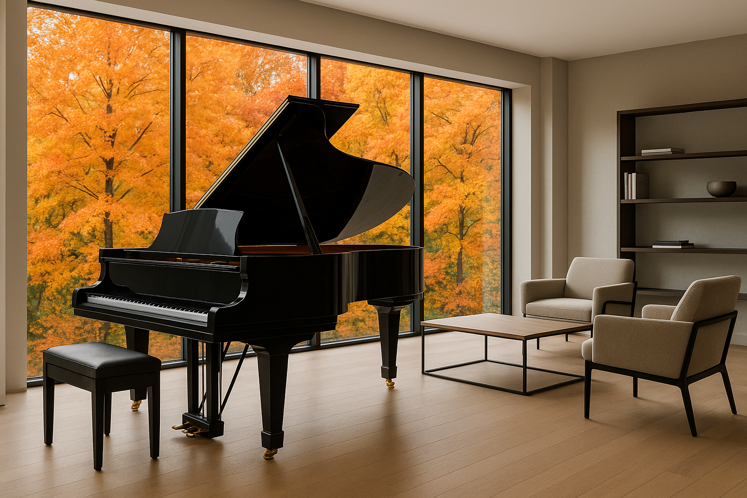 black grand piano in front of windows with fall foliage in the background with modern furniture